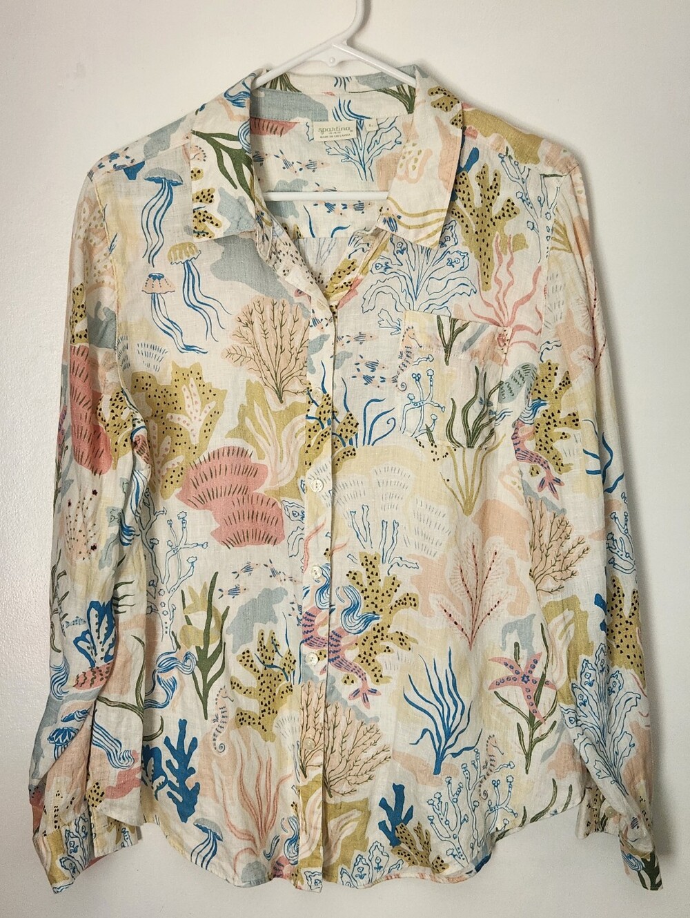 Spartina 449 Callie Linen Shirt Mermaid Coral Beach Seahorse Ocean Print Size L - Picture 2 of 10